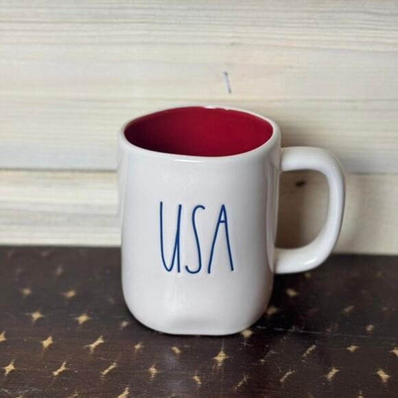 Rae Dunn USA Mug, White Ceramic Coffee Cup with Red Interior, Patriotic Decor - Picture 1 of 1